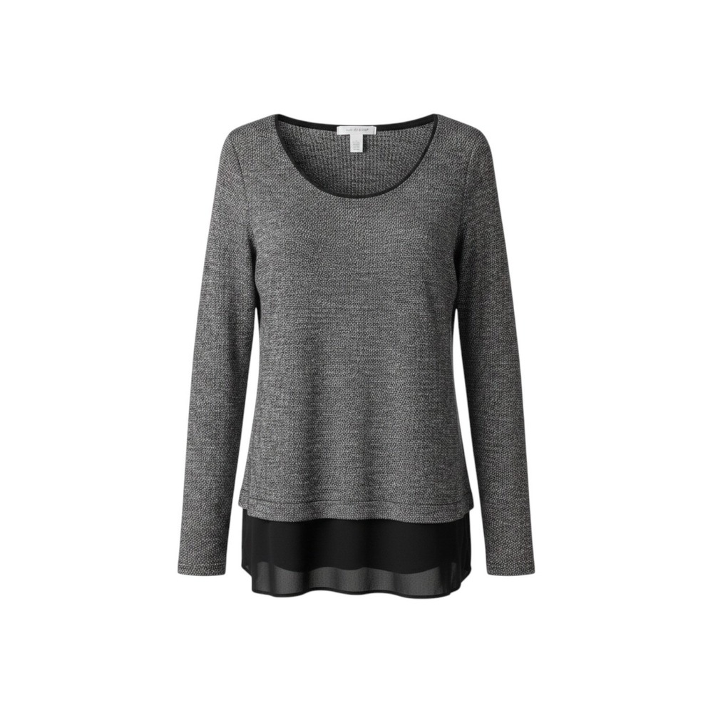 White House Black Market Grey Marl Chiffon Hem Layered Long Sleeve Top Large